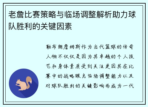 老詹比赛策略与临场调整解析助力球队胜利的关键因素