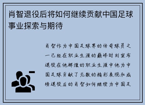 肖智退役后将如何继续贡献中国足球事业探索与期待