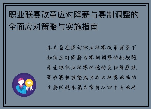 职业联赛改革应对降薪与赛制调整的全面应对策略与实施指南
