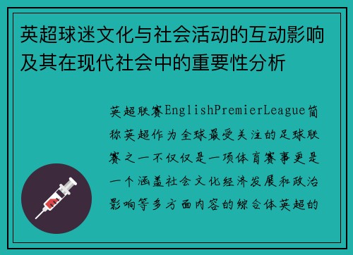 英超球迷文化与社会活动的互动影响及其在现代社会中的重要性分析