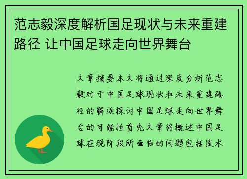 范志毅深度解析国足现状与未来重建路径 让中国足球走向世界舞台
